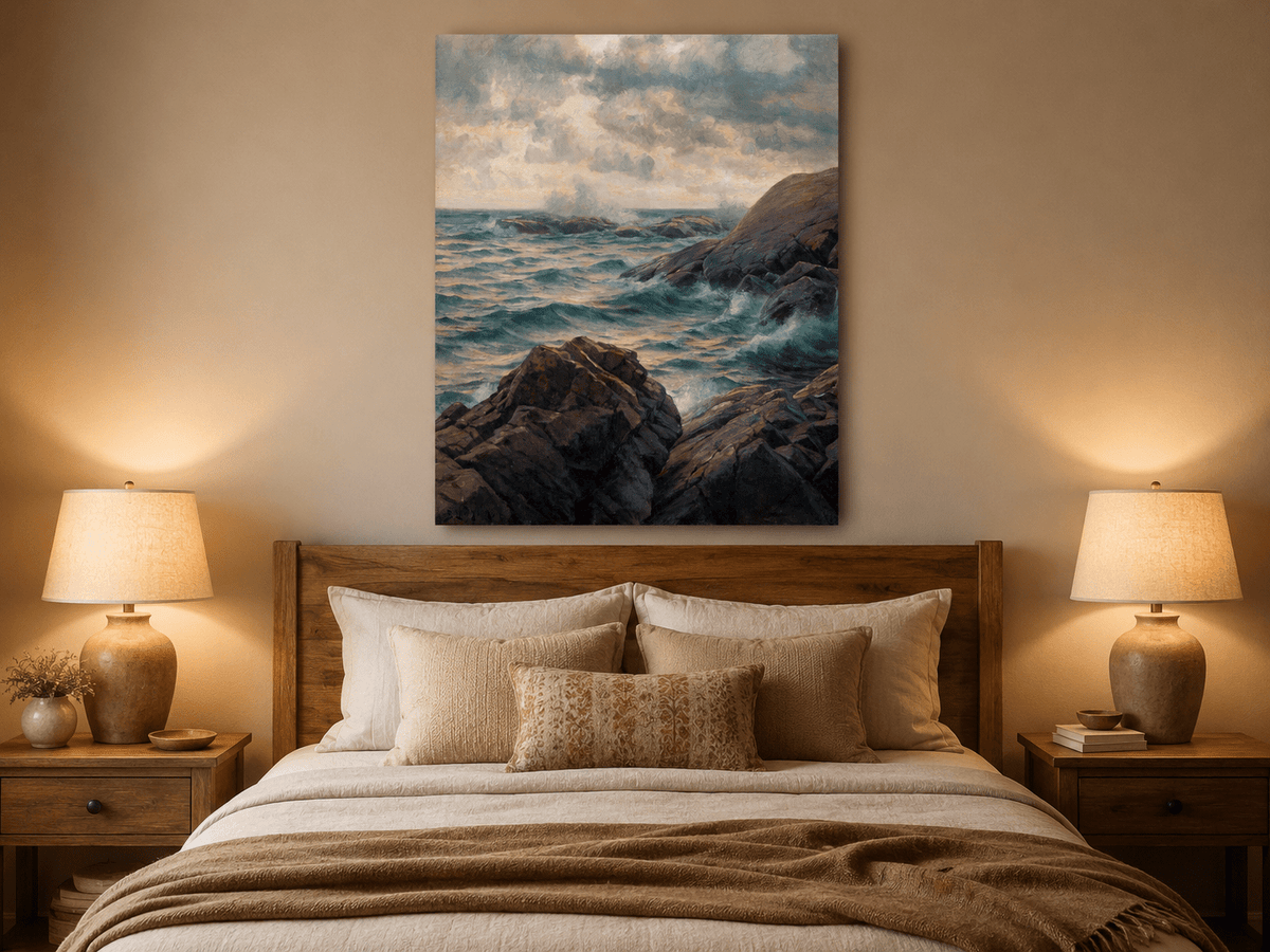 Landscape Oil Painting - Rocky Coastline, Rolling Waves, Clouded