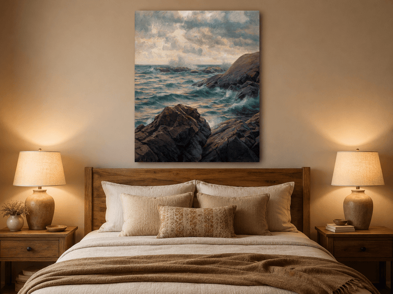 Landscape Oil Painting - Rocky Coastline, Rolling Waves, Clouded