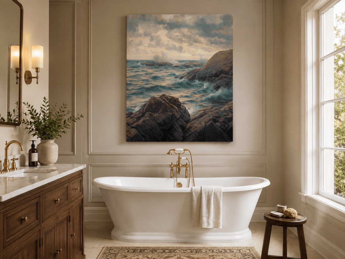 Landscape Oil Painting - Rocky Coastline, Rolling Waves, Clouded