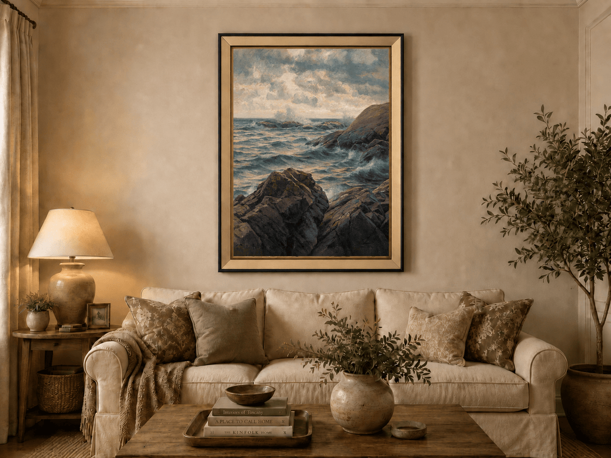 Landscape Oil Painting - Rocky Coastline, Rolling Waves, Clouded