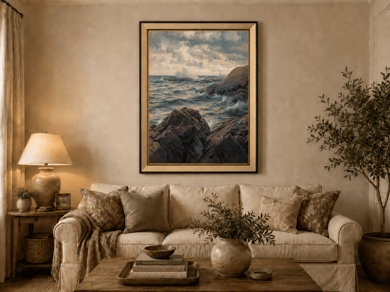 Landscape Oil Painting - Rocky Coastline, Rolling Waves, Clouded