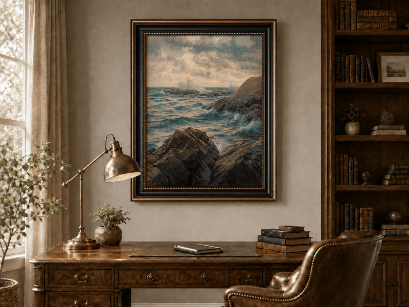 Landscape Oil Painting - Rocky Coastline, Rolling Waves, Clouded