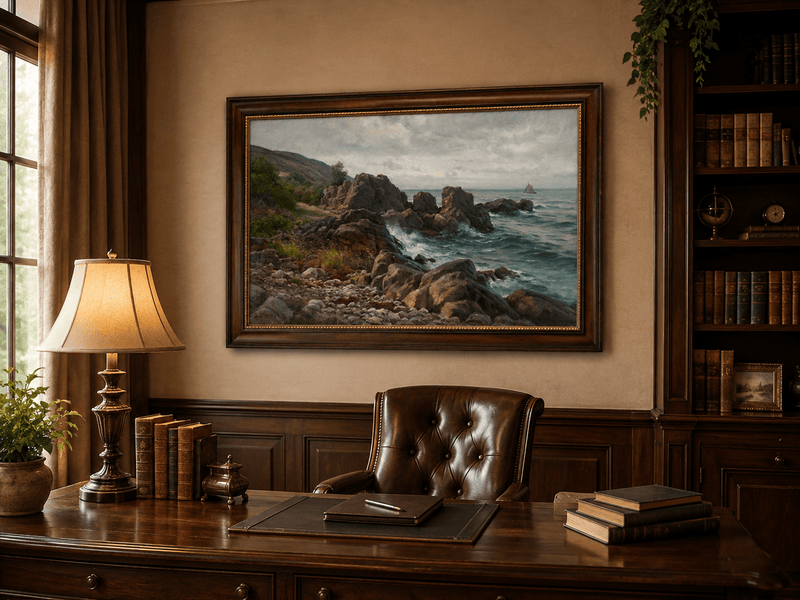 Landscape Oil Painting - Rocky Coastline, Rolling Waves Sailboat