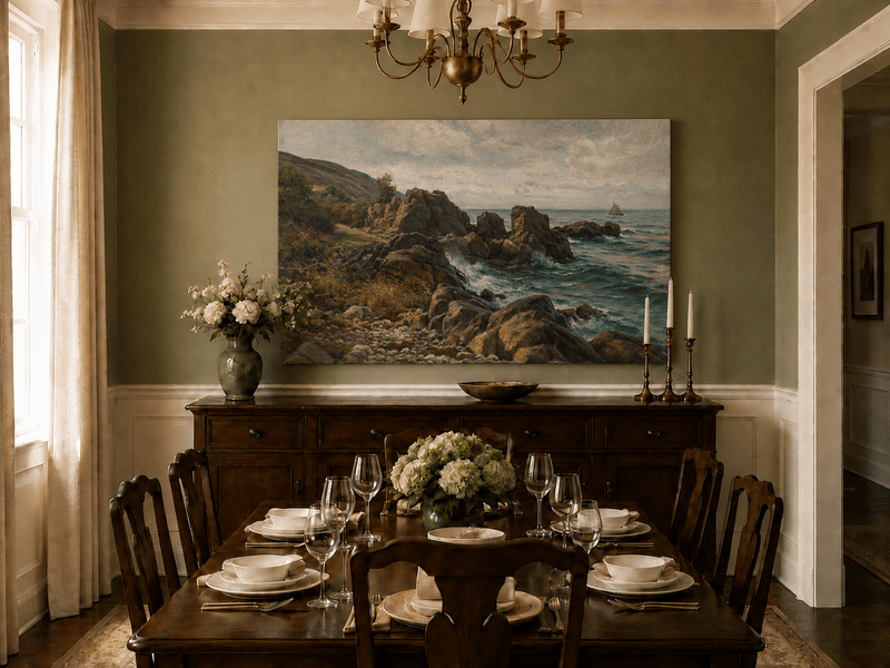 Landscape Oil Painting - Rocky Coastline, Rolling Waves Sailboat