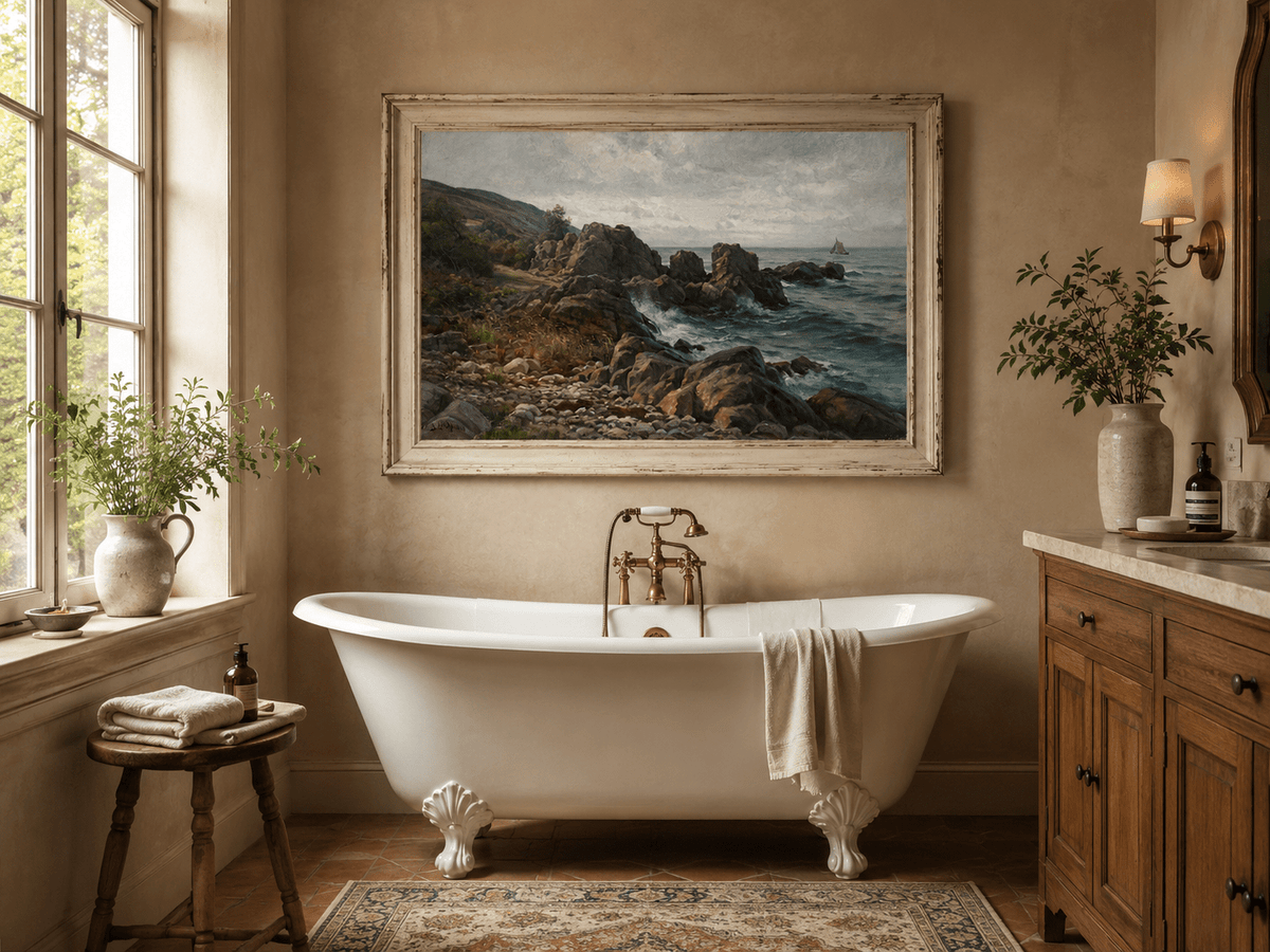 Landscape Oil Painting - Rocky Coastline, Rolling Waves Sailboat