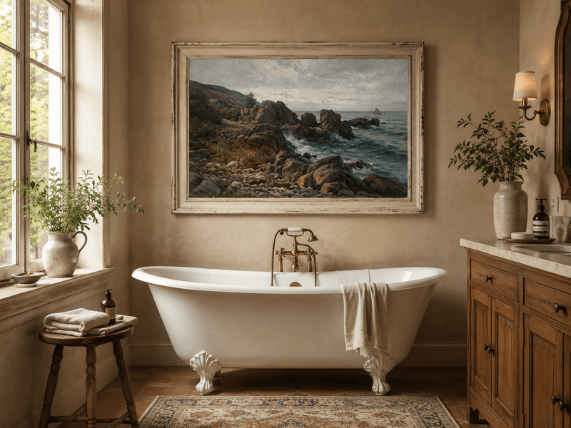 Landscape Oil Painting - Rocky Coastline, Rolling Waves Sailboat