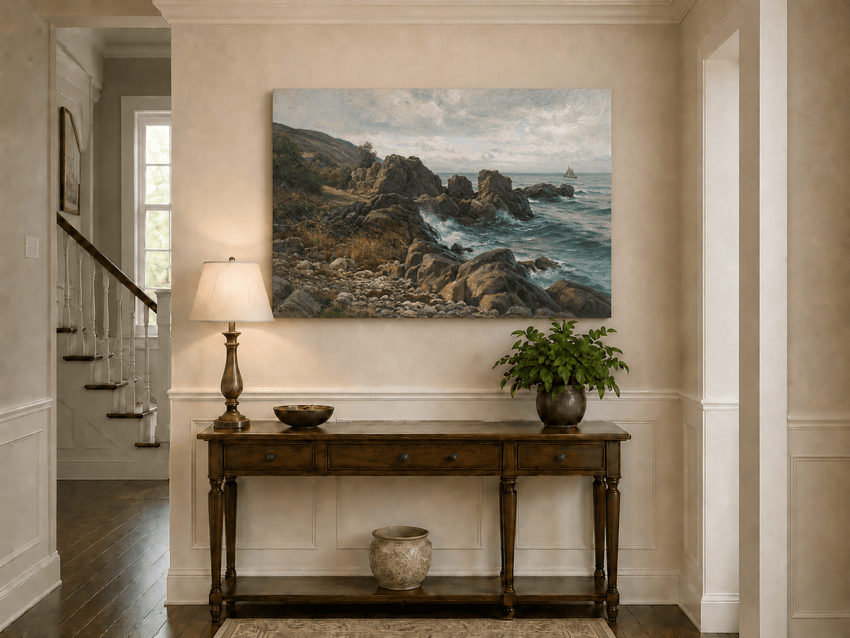 Landscape Oil Painting - Rocky Coastline, Rolling Waves Sailboat