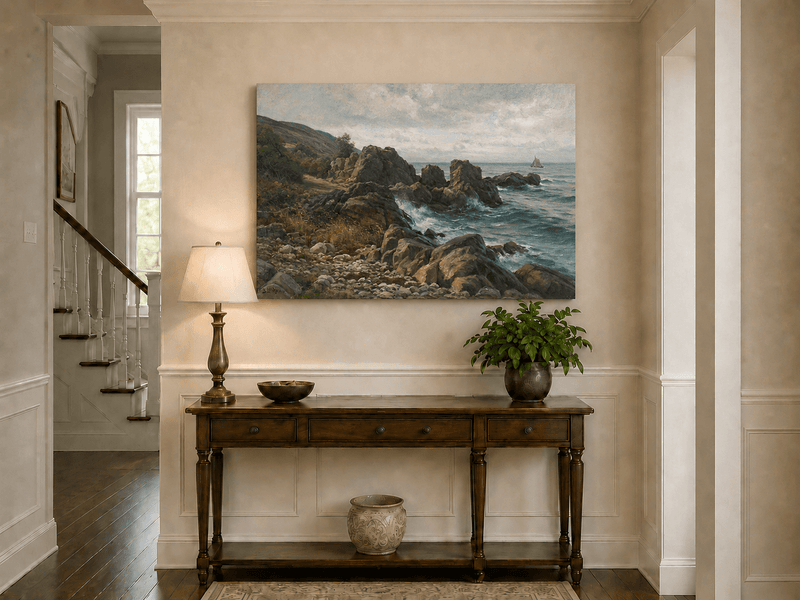 Landscape Oil Painting - Rocky Coastline, Rolling Waves Sailboat