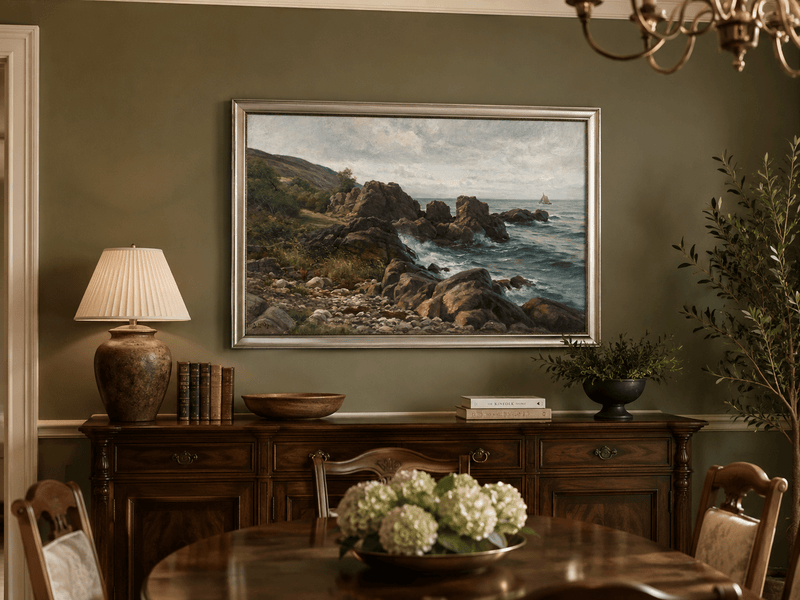 Landscape Oil Painting - Rocky Coastline, Rolling Waves Sailboat