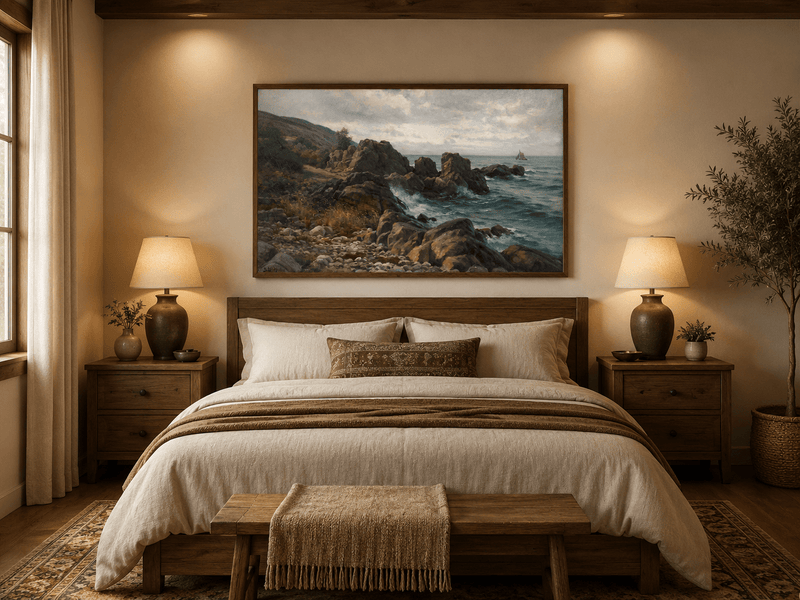 Landscape Oil Painting - Rocky Coastline, Rolling Waves Sailboat