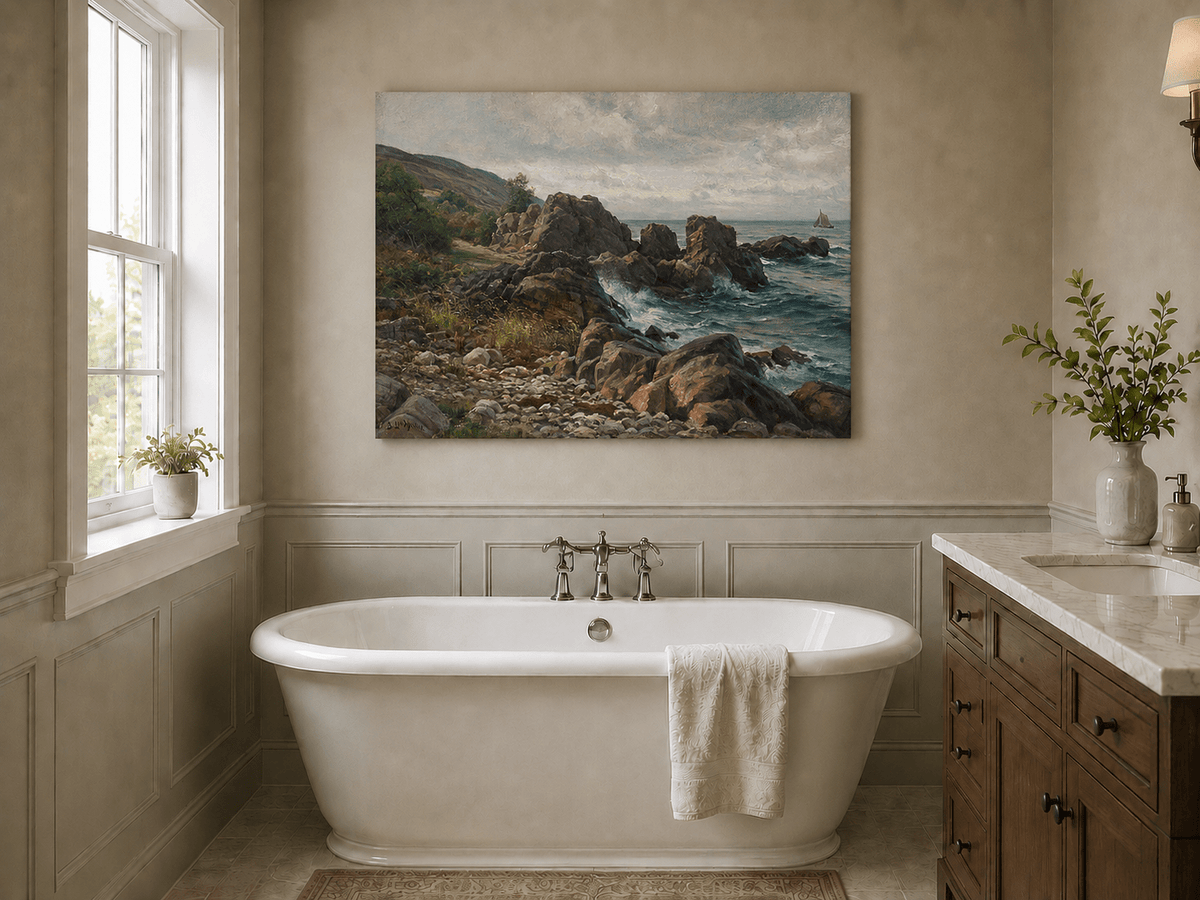 Landscape Oil Painting - Rocky Coastline, Rolling Waves Sailboat