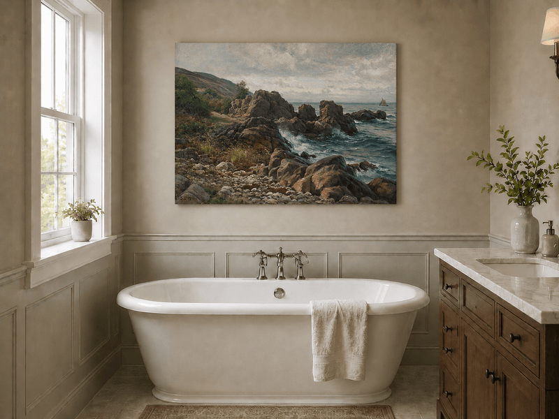 Landscape Oil Painting - Rocky Coastline, Rolling Waves Sailboat