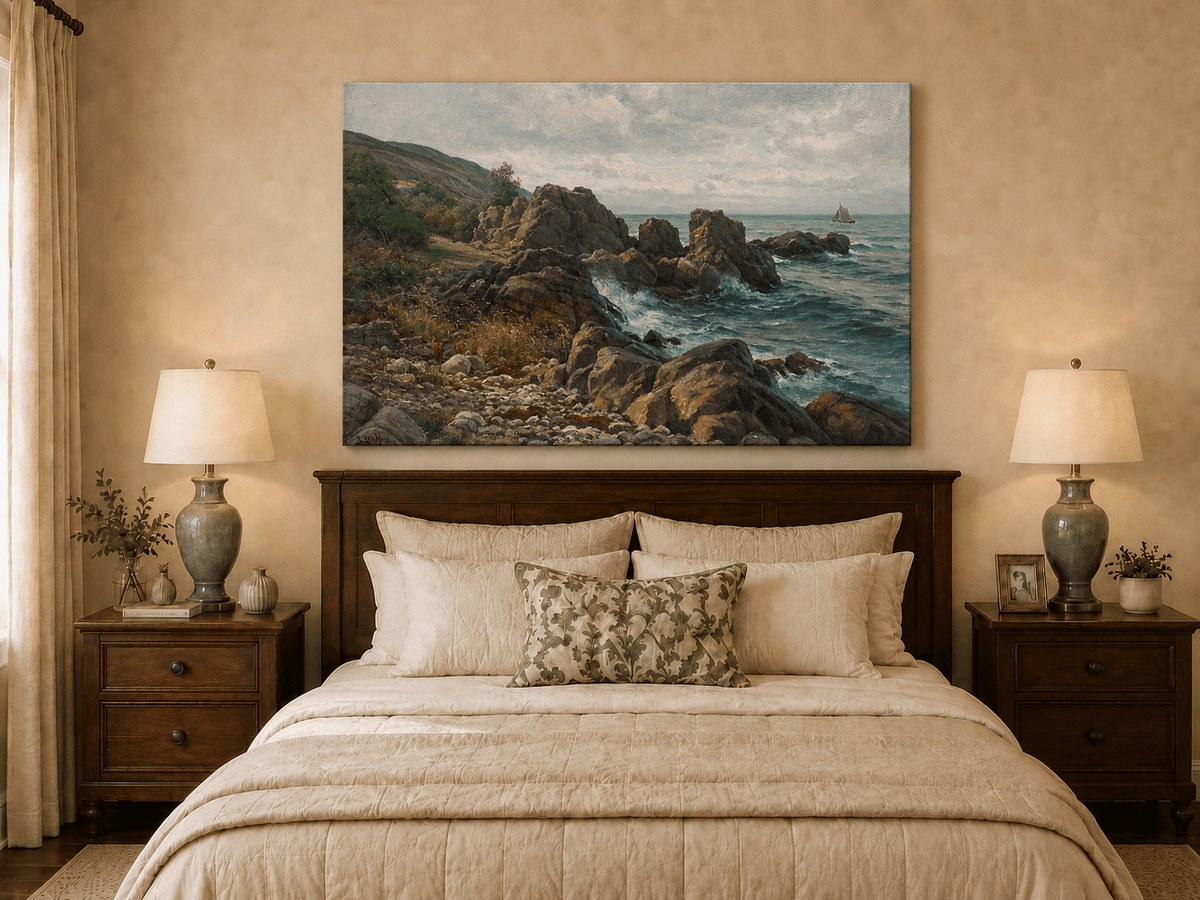 Landscape Oil Painting - Rocky Coastline, Rolling Waves Sailboat