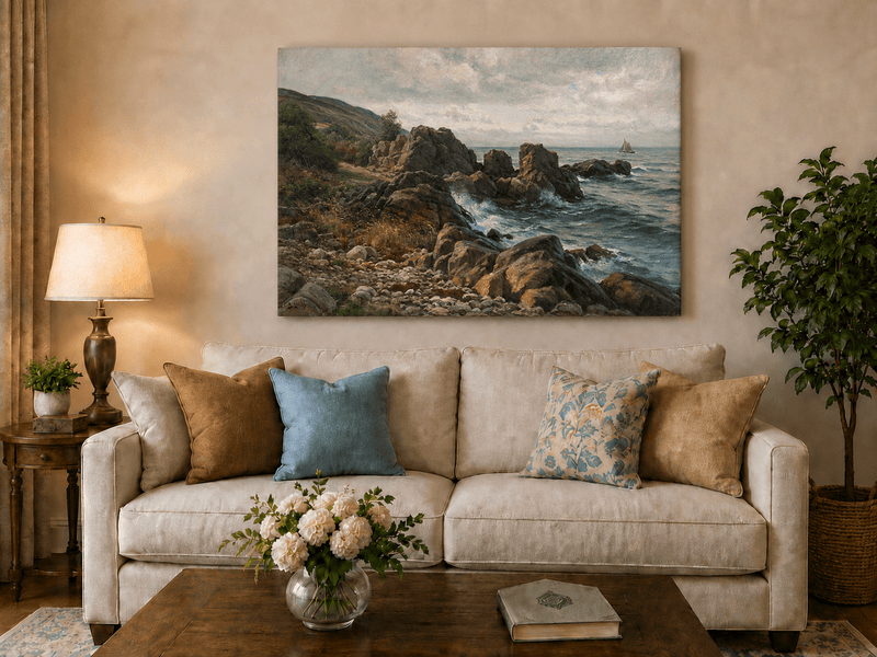 Landscape Oil Painting - Rocky Coastline, Rolling Waves Sailboat