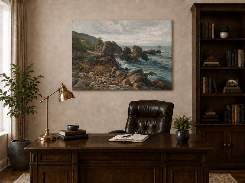 Landscape Oil Painting - Rocky Coastline, Rolling Waves Sailboat