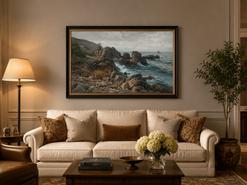 Landscape Oil Painting - Rocky Coastline, Rolling Waves Sailboat