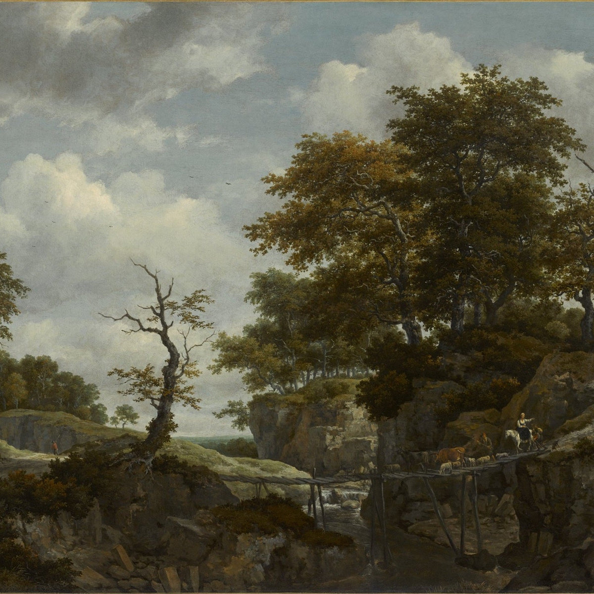 Hand-painted rocky gorge bridge with cattle landscape oil painting on canvas