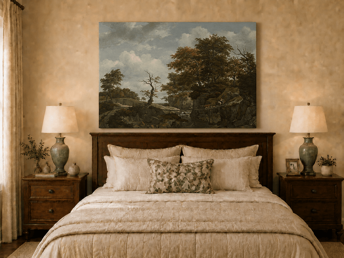 Peinture à l'huile de paysage - Village côtier avec phare et coucher de soleil