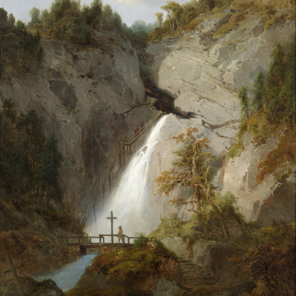 Landscape Oil Painting - Rocky Gorge Waterfall & Bridge, Cross, Figures - Oil Painting Haven