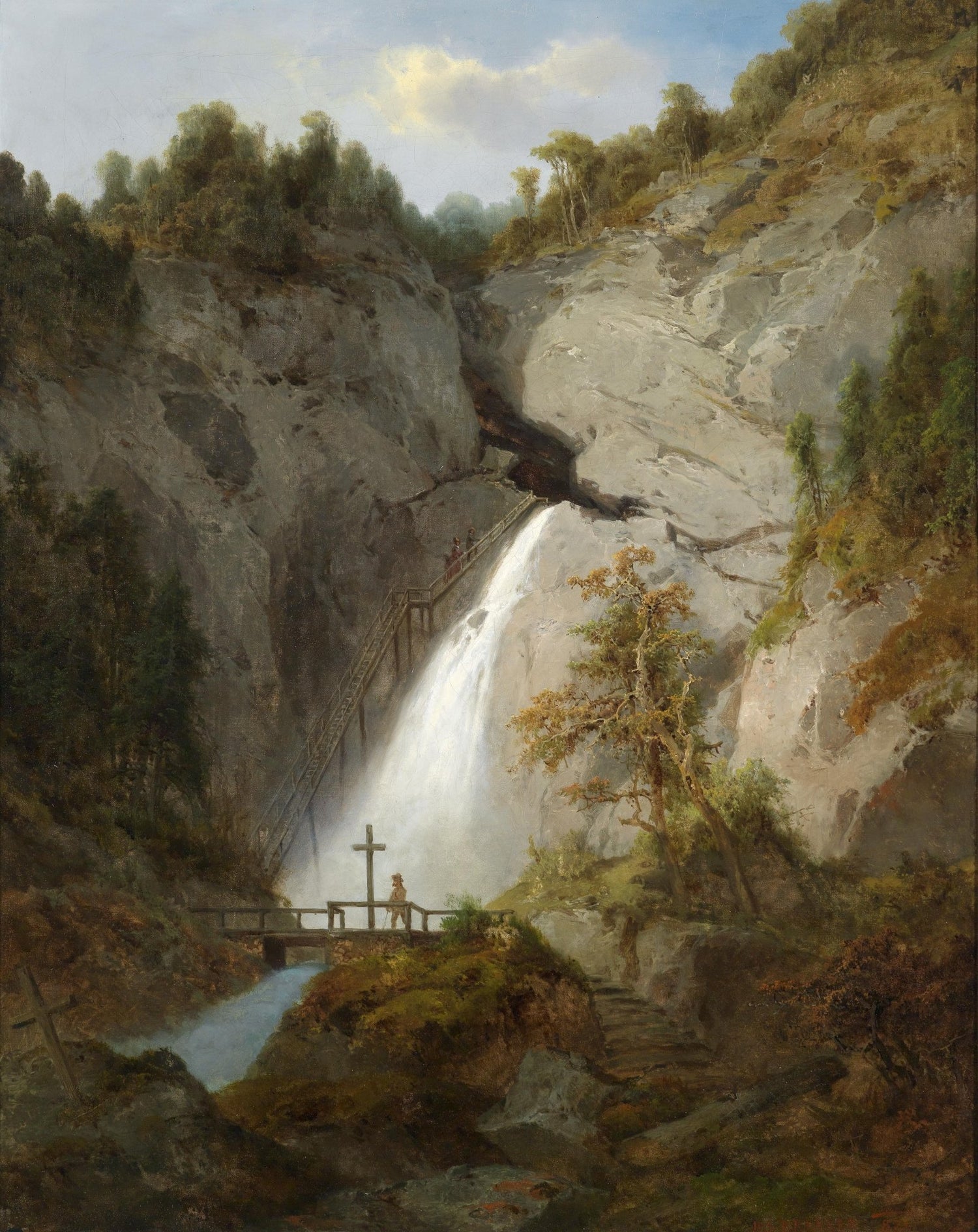 Landscape Oil Painting - Rocky Gorge Waterfall & Bridge, Cross, Figures - Oil Painting Haven