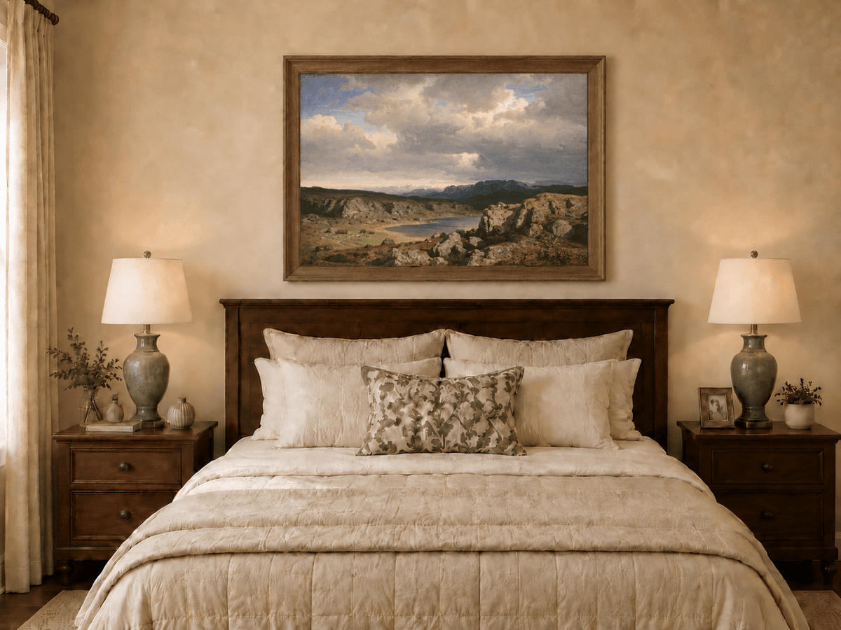 Pintura al óleo de paisaje: Lago rocoso, montaña y cielo