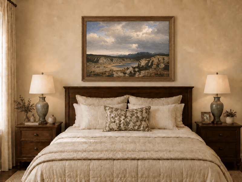 Pintura al óleo de paisaje: Lago rocoso, montaña y cielo