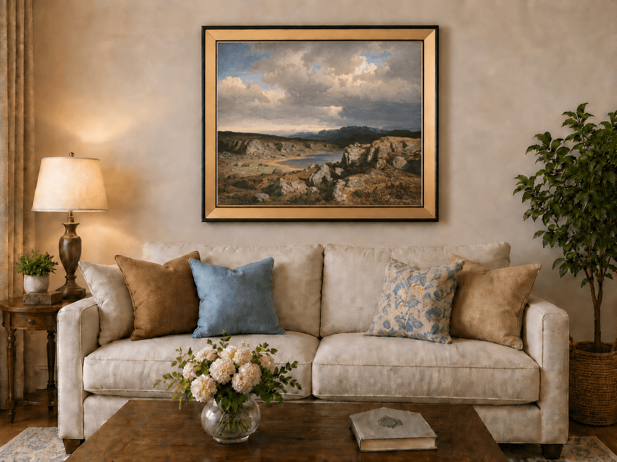 Pintura al óleo de paisaje: Lago rocoso, montaña y cielo