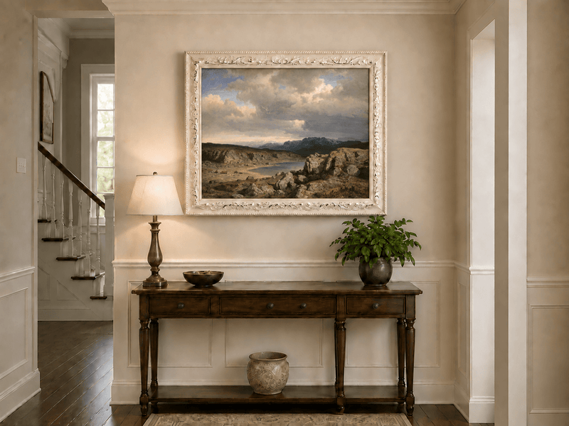 Pintura al óleo de paisaje: Lago rocoso, montaña y cielo