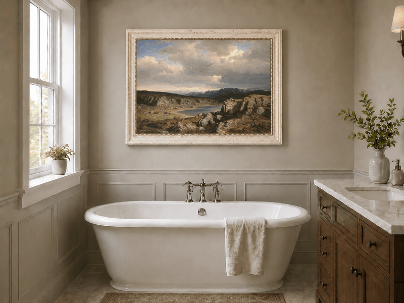 Pintura al óleo de paisaje: Lago rocoso, montaña y cielo