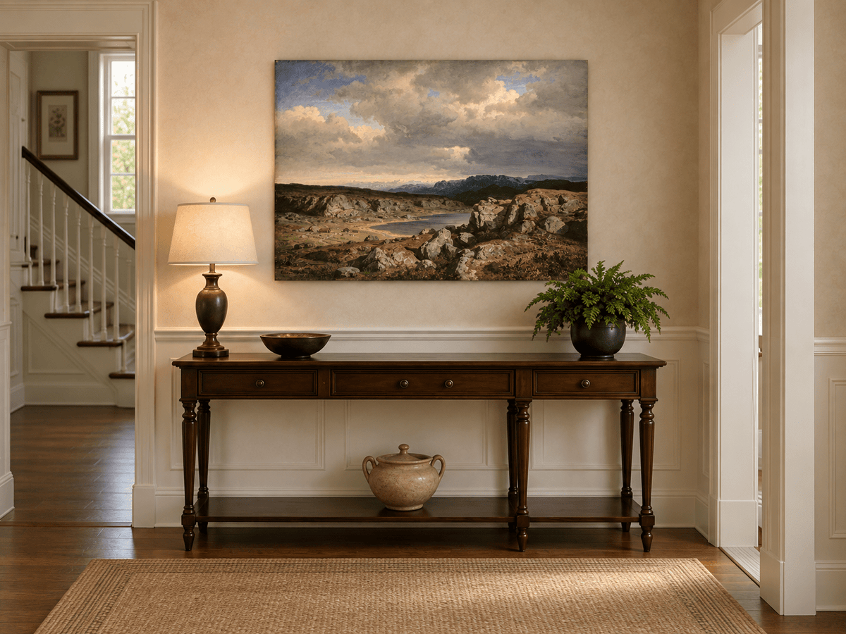 Pintura al óleo de paisaje: Lago rocoso, montaña y cielo