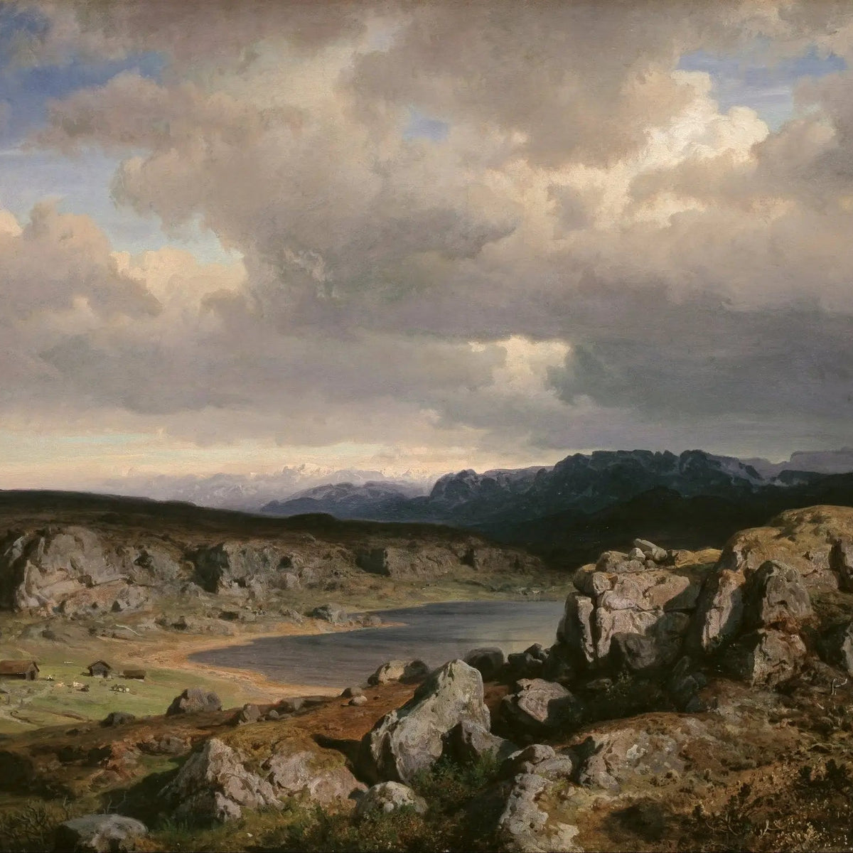 Landscape Oil Painting - Rocky Lakeside with Mountain and Sky View - Oil Painting Haven