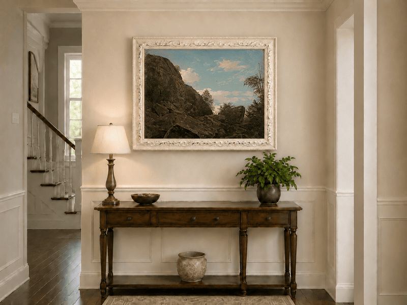 Landscape Oil Painting - Rocky Mountain Cliff and Forest Trees