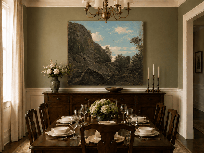 Landscape Oil Painting - Rocky Mountain Cliff and Forest Trees