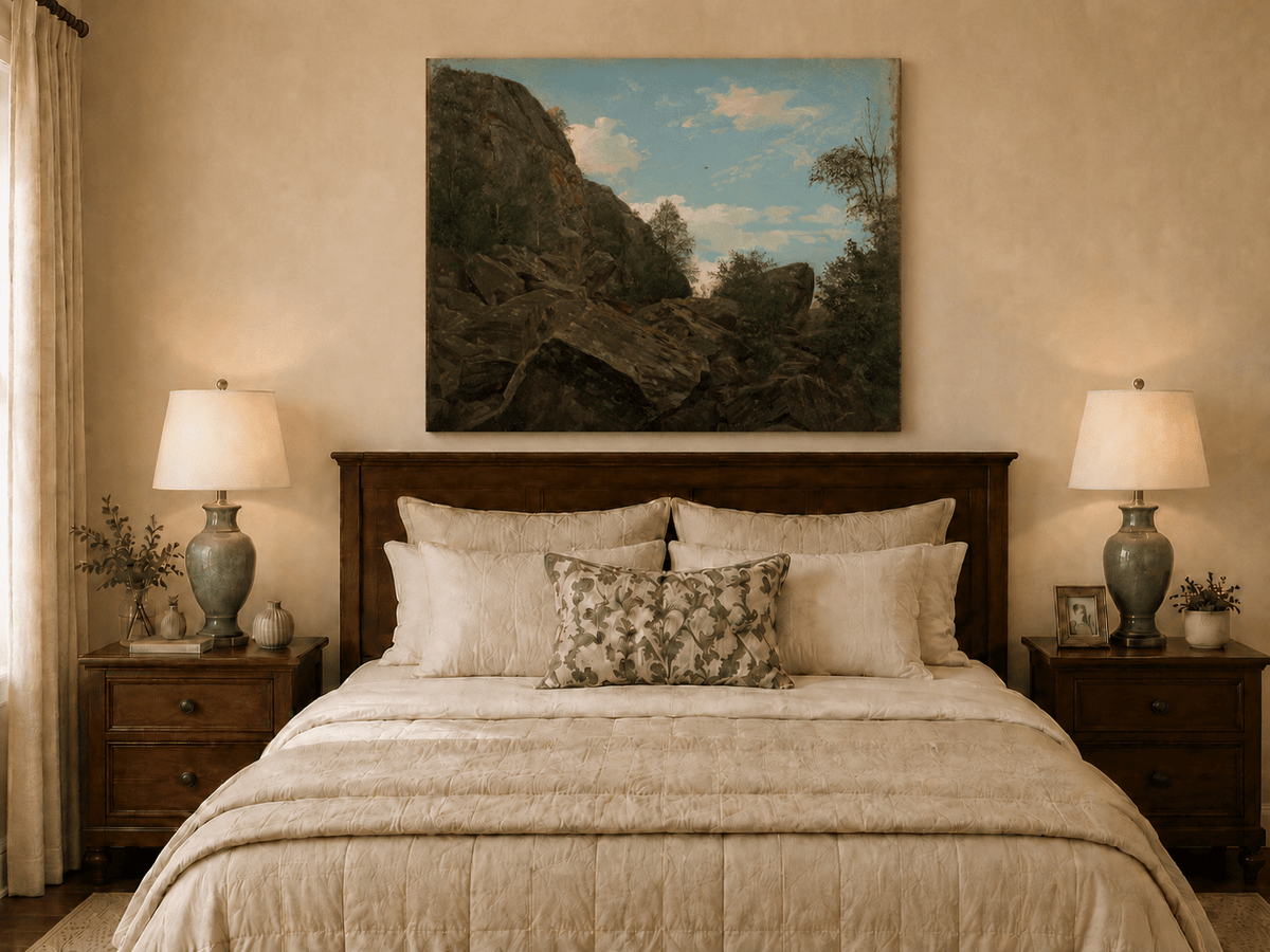 Landscape Oil Painting - Rocky Mountain Cliff and Forest Trees