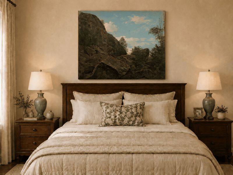 Landscape Oil Painting - Rocky Mountain Cliff and Forest Trees