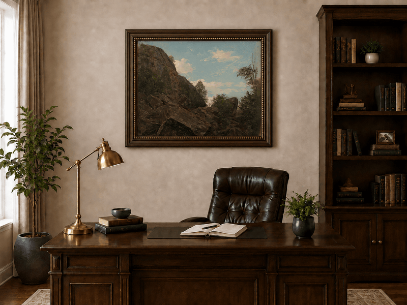 Landscape Oil Painting - Rocky Mountain Cliff and Forest Trees
