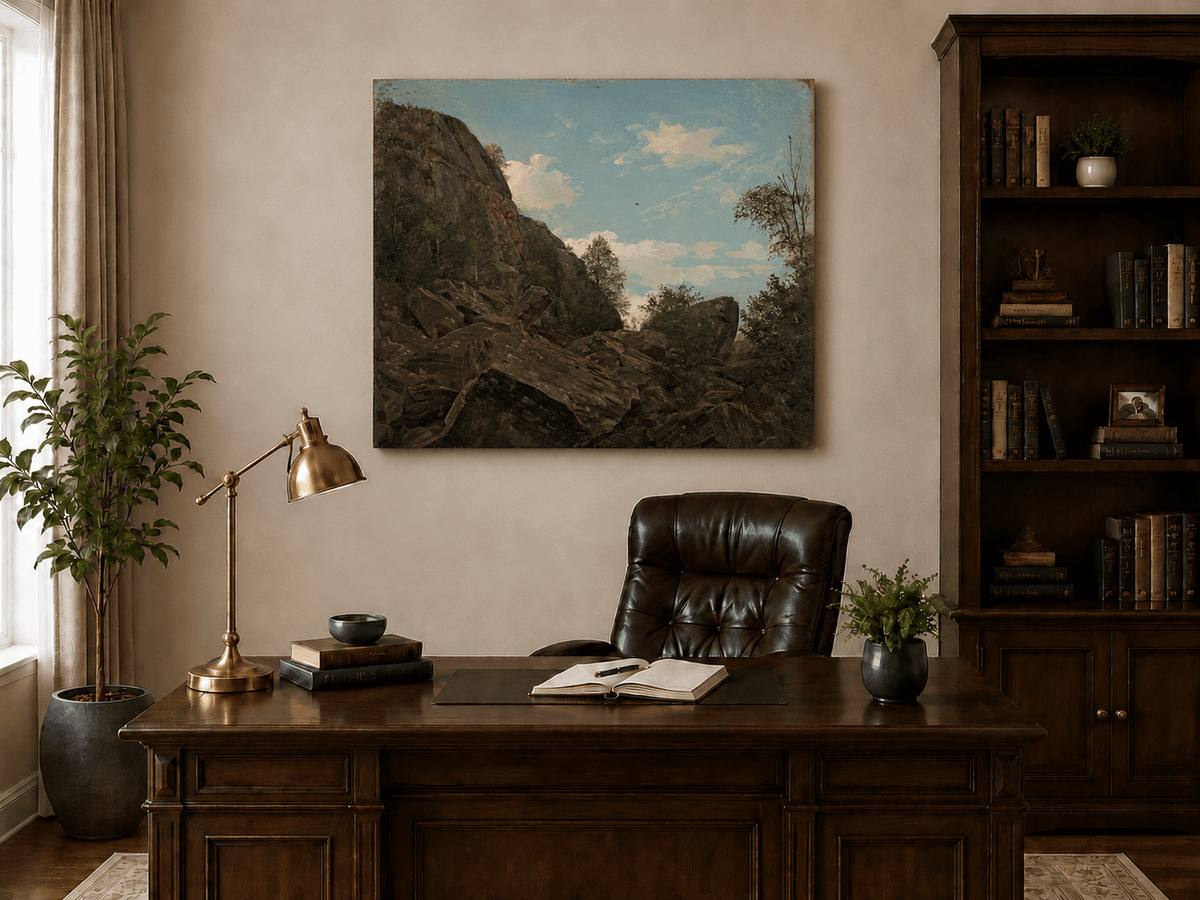 Landscape Oil Painting - Rocky Mountain Cliff and Forest Trees