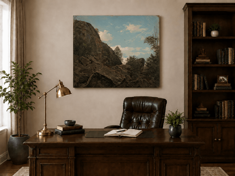 Landscape Oil Painting - Rocky Mountain Cliff and Forest Trees