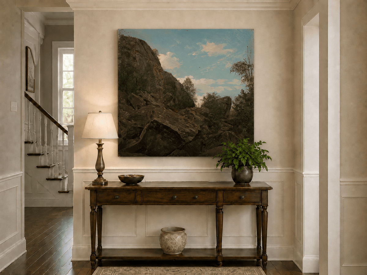Landscape Oil Painting - Rocky Mountain Cliff and Forest Trees