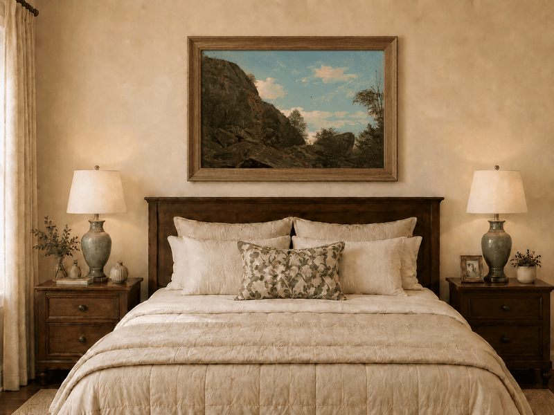 Landscape Oil Painting - Rocky Mountain Cliff and Forest Trees