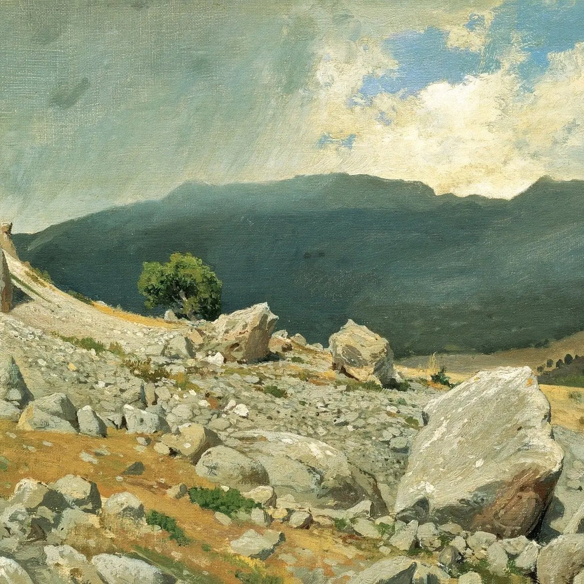 Landscape Oil Painting - Rocky Mountain Slope with Distant Peaks Wall Art - Oil Painting Haven