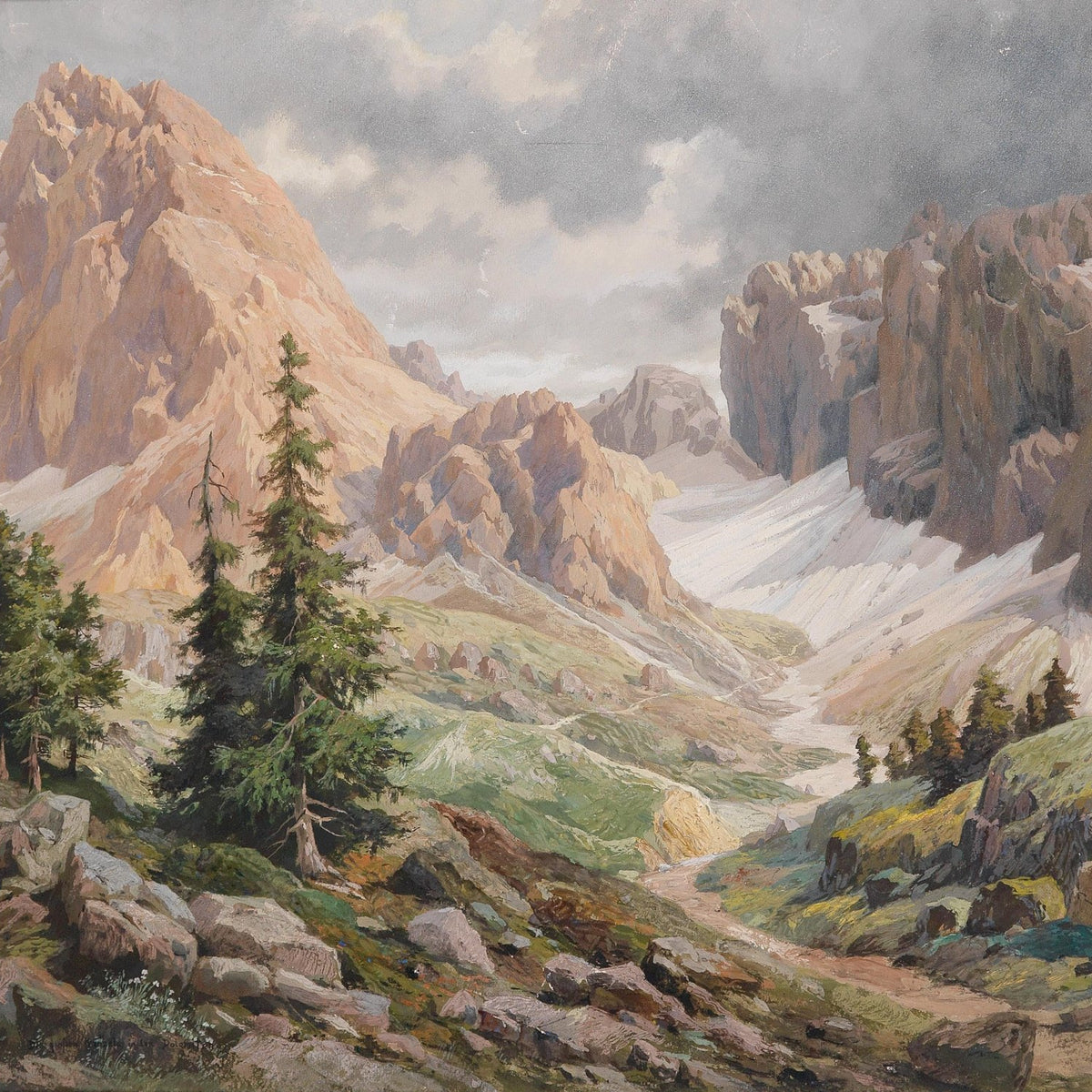 Landscape Oil Painting - Rocky Mountain, Snow Remnants & Alpine Pines - Oil Painting Haven