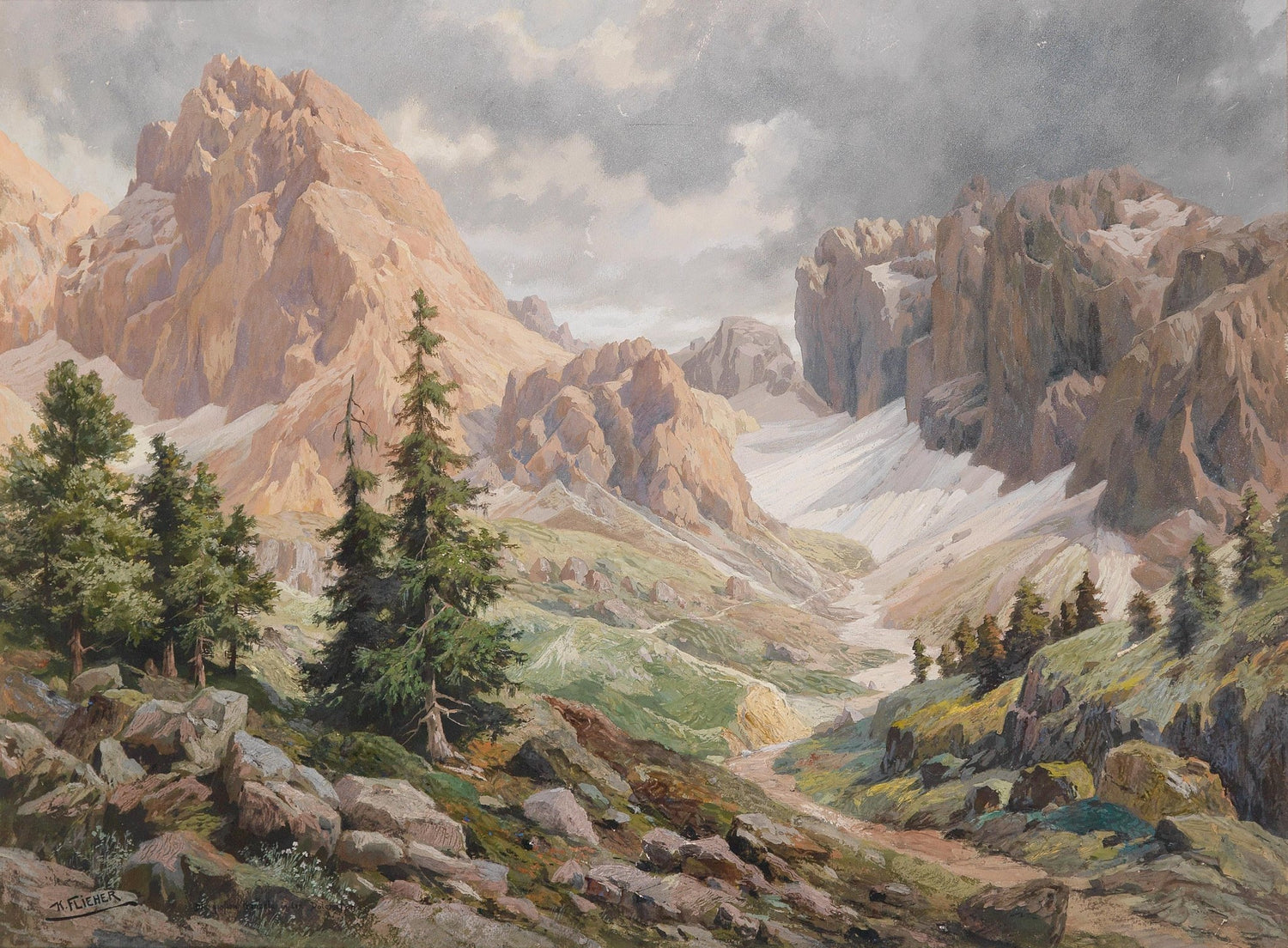 Landscape Oil Painting - Rocky Mountain, Snow Remnants & Alpine Pines - Oil Painting Haven