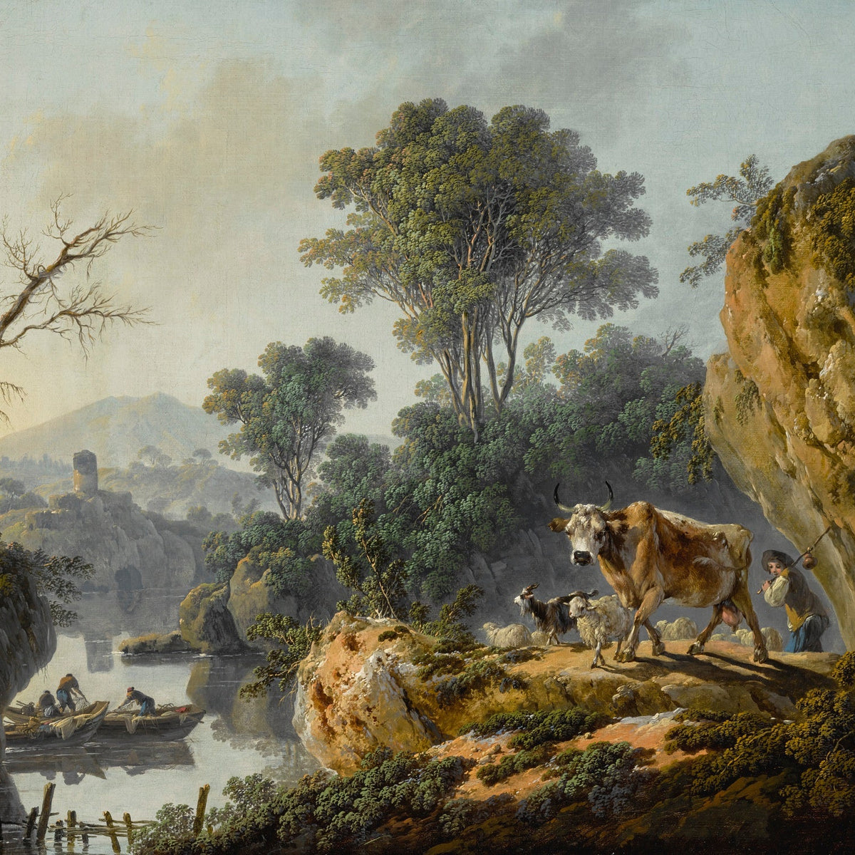 Hand-painted rocky river gorge with cow and boats landscape oil painting on canvas
