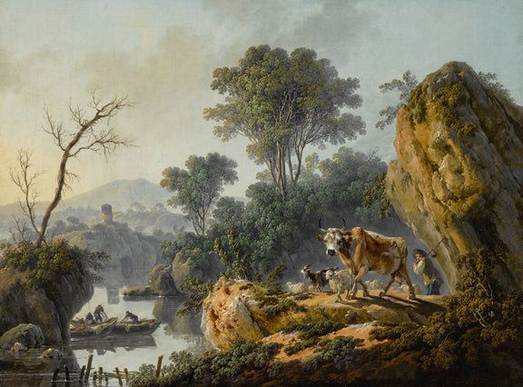 Hand-painted rocky river gorge with cow and boats landscape oil painting on canvas