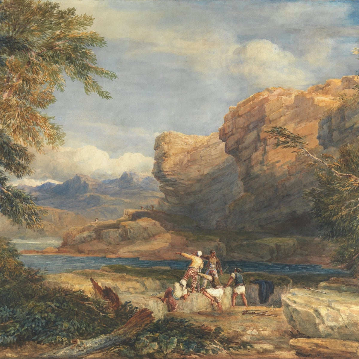 Landscape Oil Painting - Rocky River Gorge with Travelers - Oil Painting Haven