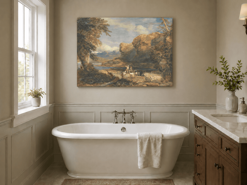 Landscape Oil Painting - Rocky River Gorge with Travelers