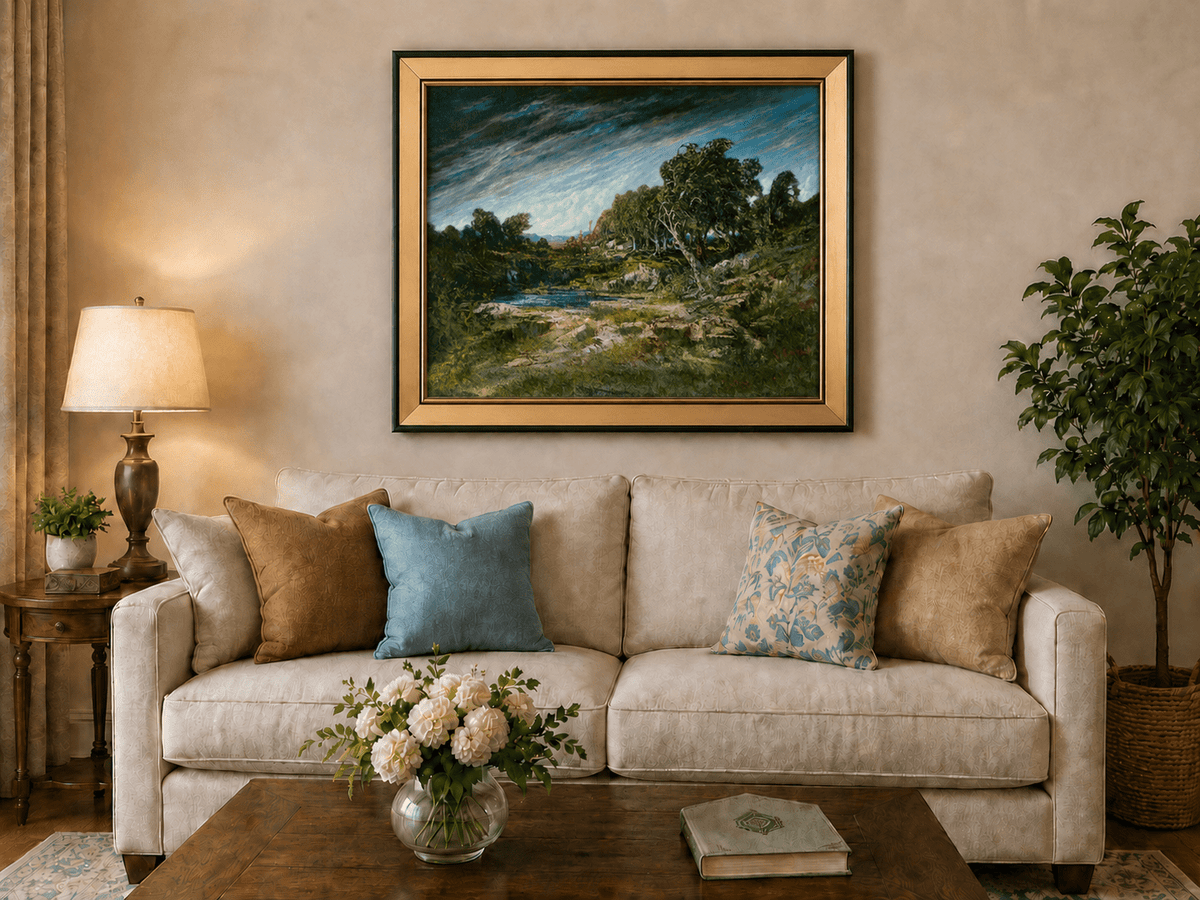 Peinture à l'huile de paysage - Scène de rivière hivernale avec personnages et chevaux