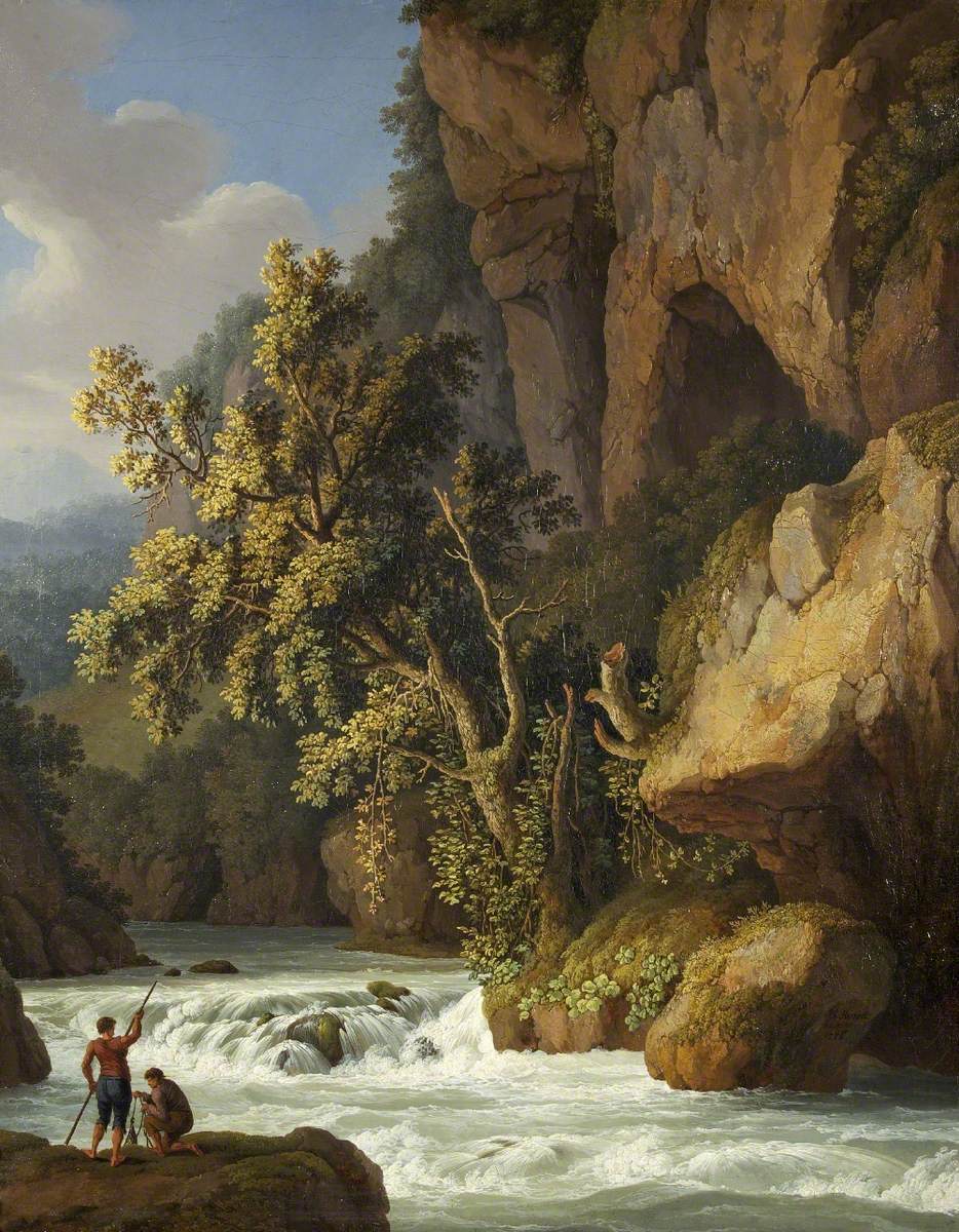 Hand-painted rocky river rapids and cliffside trees landscape oil painting on canvas