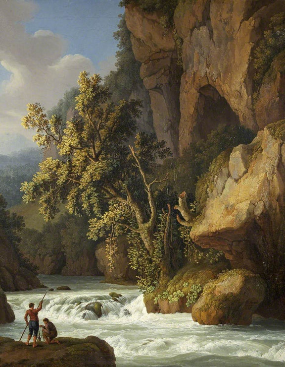 Hand-painted rocky river rapids and cliffside trees landscape oil painting on canvas